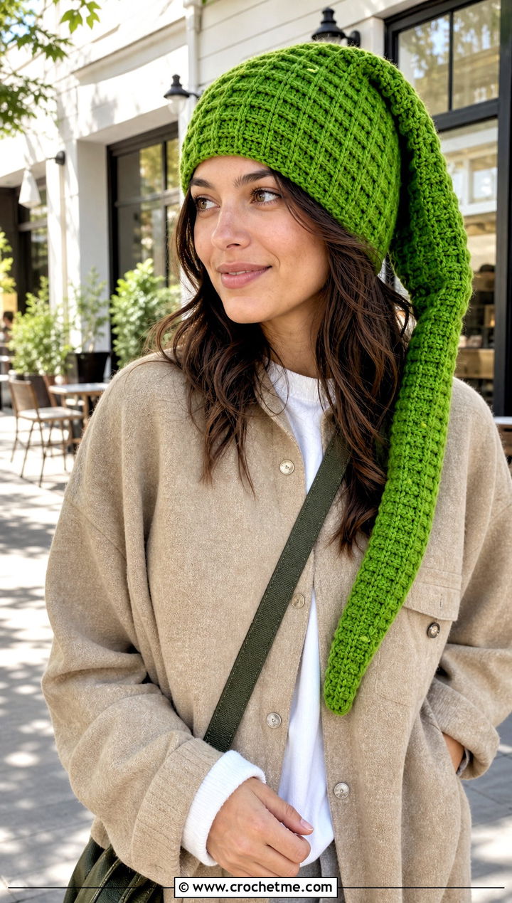 Waffle Stitch Crochet Long Stocking Cap With Shacket - 20 Crochet Long Stocking Cap outfit ideas