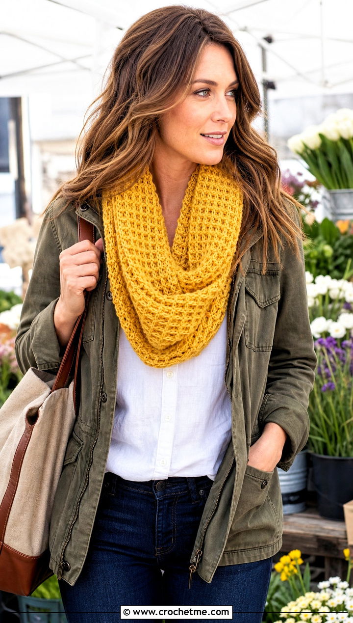 Waffle Stitch Crochet Loop Scarf With Utility Jacket - 20 Crochet Loop Scarf outfit ideas