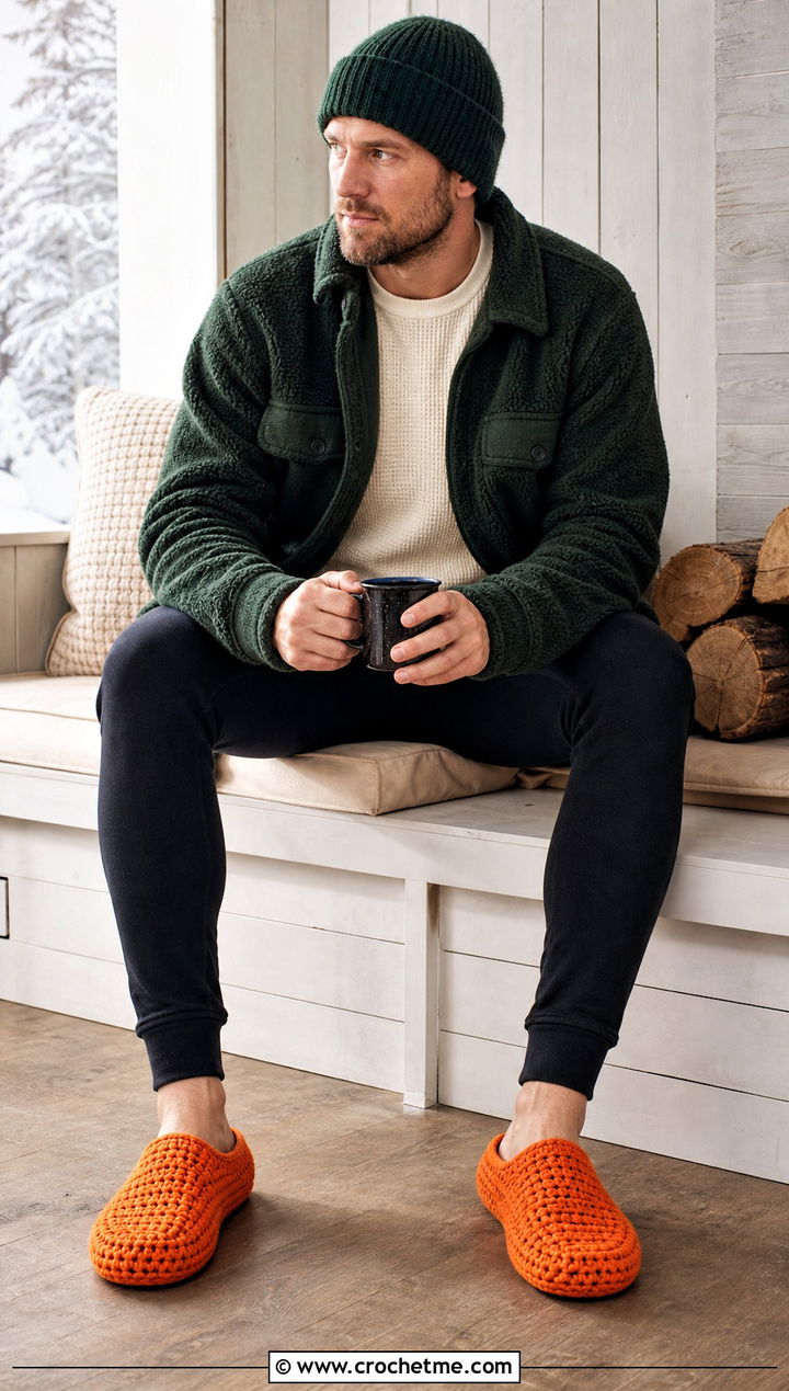 Waffle Stitch Crochet Mens Slippers With Thermal Loungewear - 30 crochet men's slippers outfit ideas