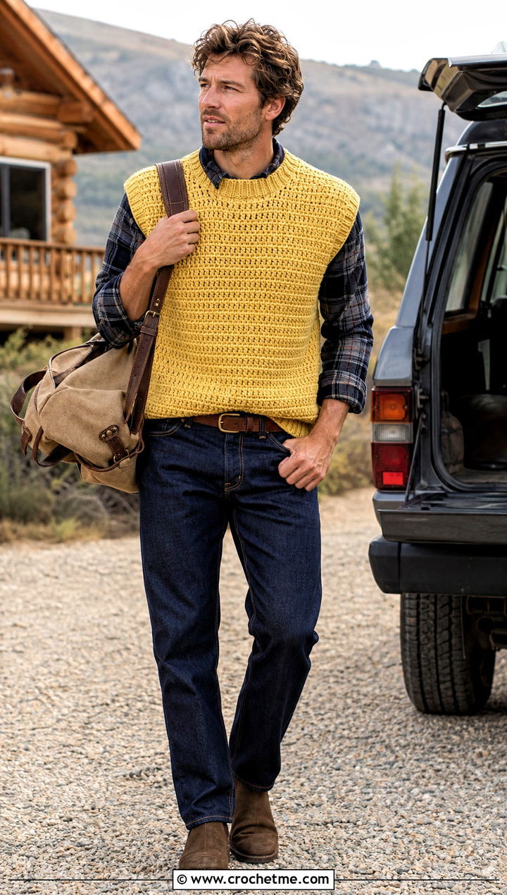 Waffle Stitch Crochet Mens Sweater Vest With Flannel Shirt - 25 crochet mens sweater vest outfit ideas