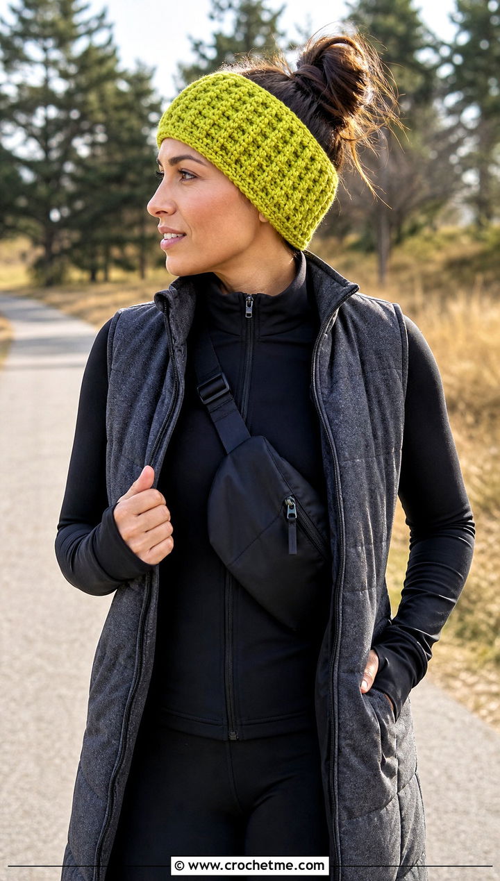 Waffle Stitch Crochet Messy Bun Ear Warmer With Athleisure - 20 Crochet Messy Bun Ear Warmer outfit ideas