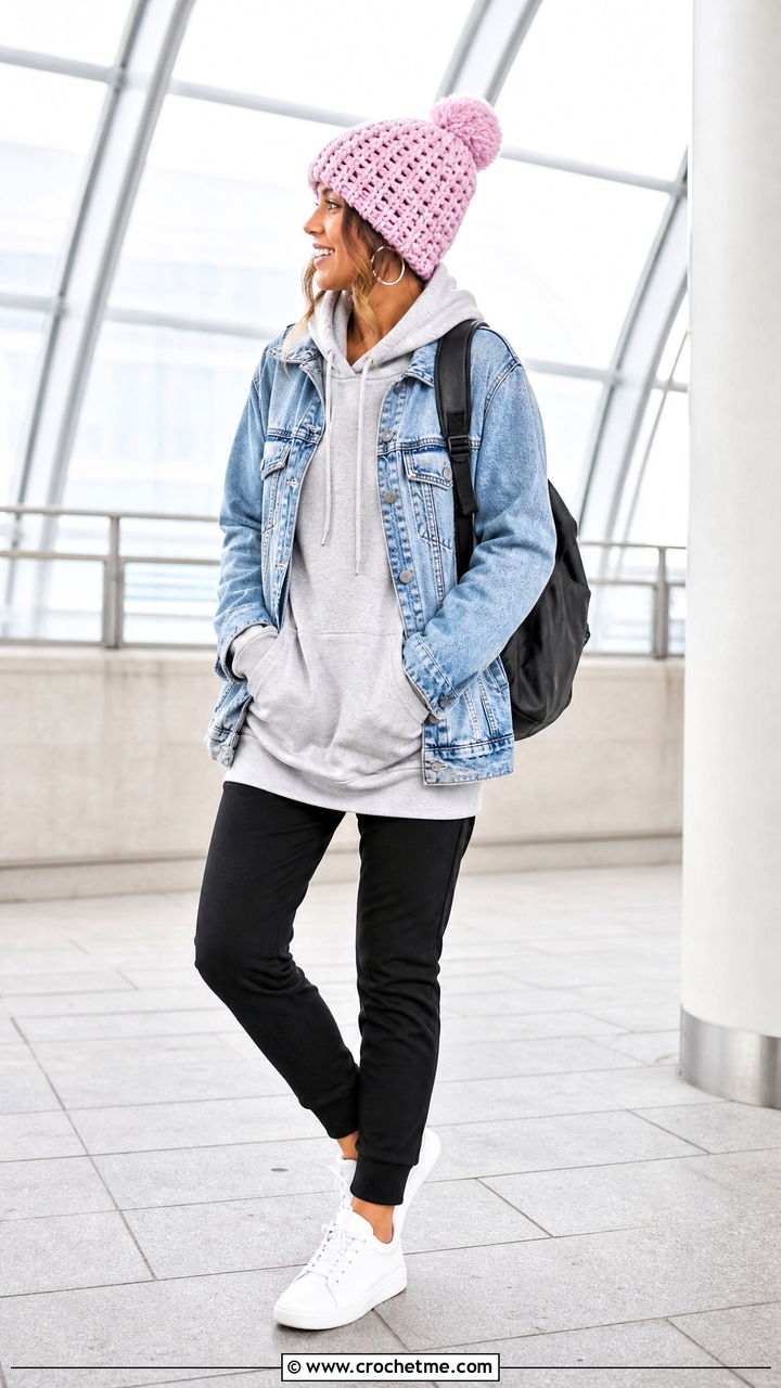 Waffle Stitch Crochet Messy Bun Hat With Denim Jacket - 35 crochet messy bun hat outfit ideas