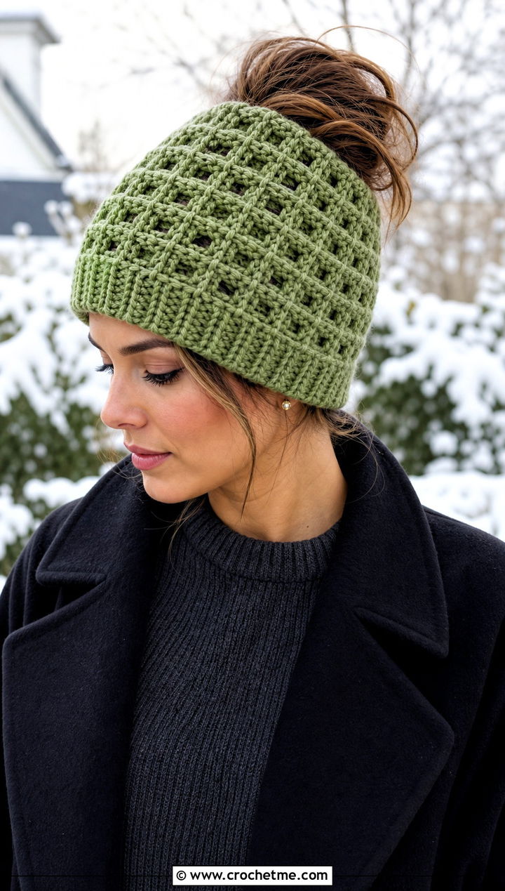 Waffle Stitch Crochet Messy Bun Hat With Elastic And Sweater Dress - 25 Crochet Messy Bun Hat With Elastic outfit ideas