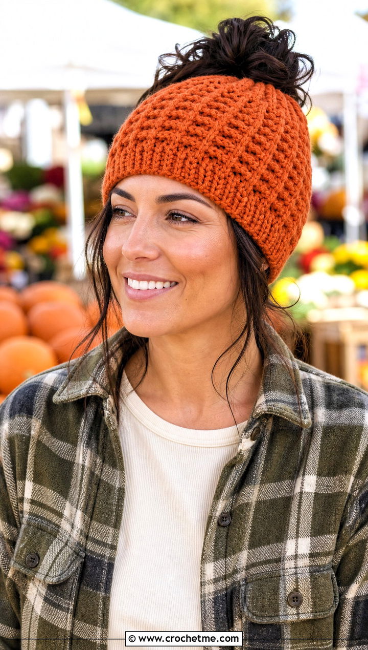 Waffle Stitch Crochet Messy Bun Hat With Shacket - 20 Crochet Messy Bun Hat Bulky Yarn outfit ideas
