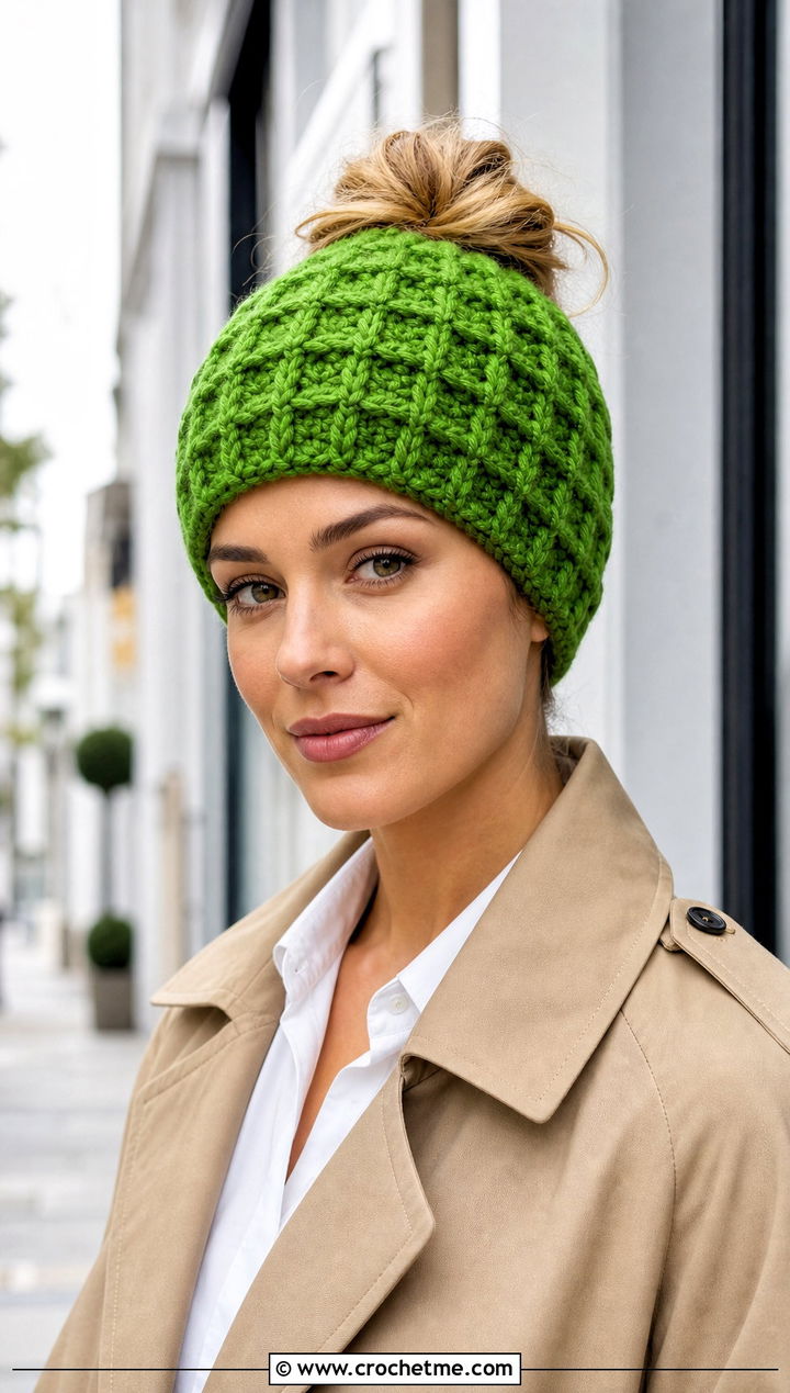 Waffle Stitch Crochet Messy Bun Hat With Trench Coat - 15 Easy Crochet Messy Bun Hat outfit ideas