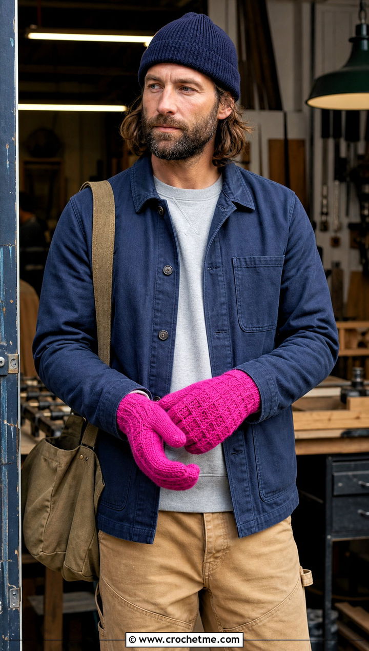 Waffle Stitch Crochet Mittens With Chore Coat - 25 Mens Crochet Mittens outfit ideas