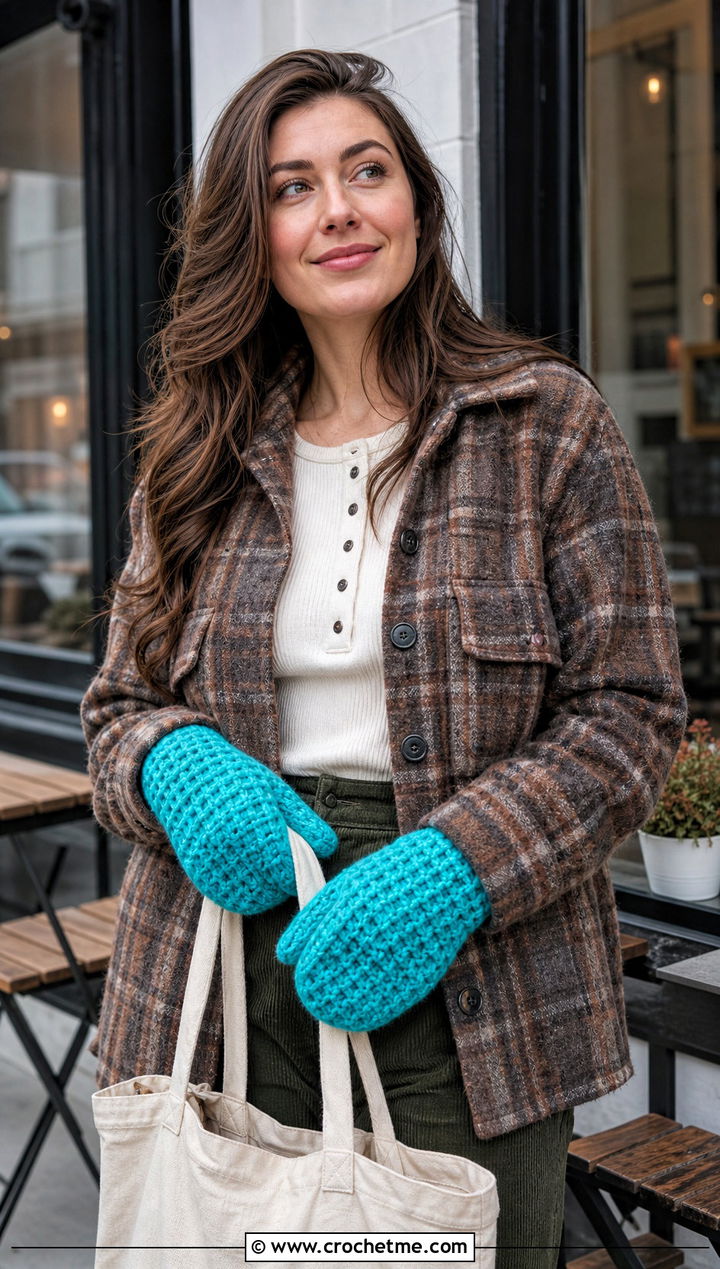 Waffle Stitch Crochet Mittens With Corduroy Pants - 25 cute crochet mittens outfit ideas