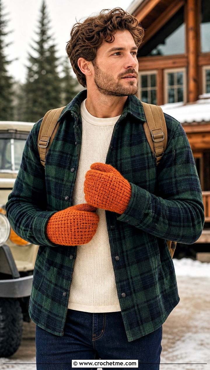 Waffle Stitch Crochet Mittens With Flannel Overshirt - 25 crochet mittens for men outfit ideas