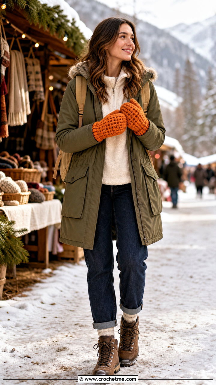 Waffle Stitch Crochet Mittens With Parka - 35 crochet mittens outfit ideas