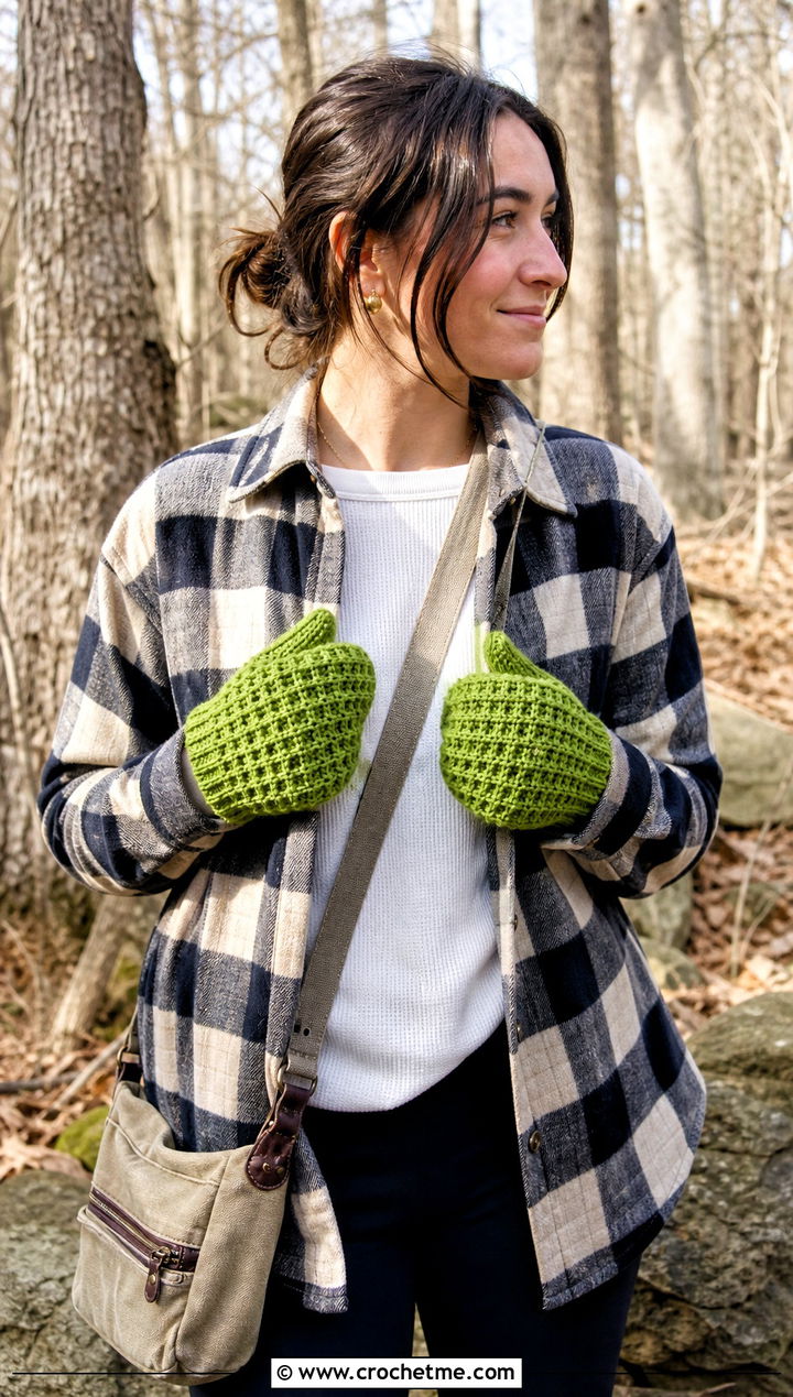 Waffle Stitch Crochet Mittens With Plaid Shacket - 25 quick crochet mittens outfit ideas