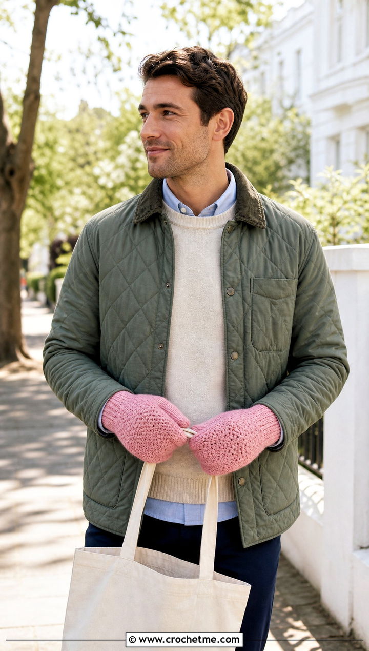 Waffle Stitch Crochet Mittens With Quilted Jacket - 25 Crochet Mens Mittens outfit ideas