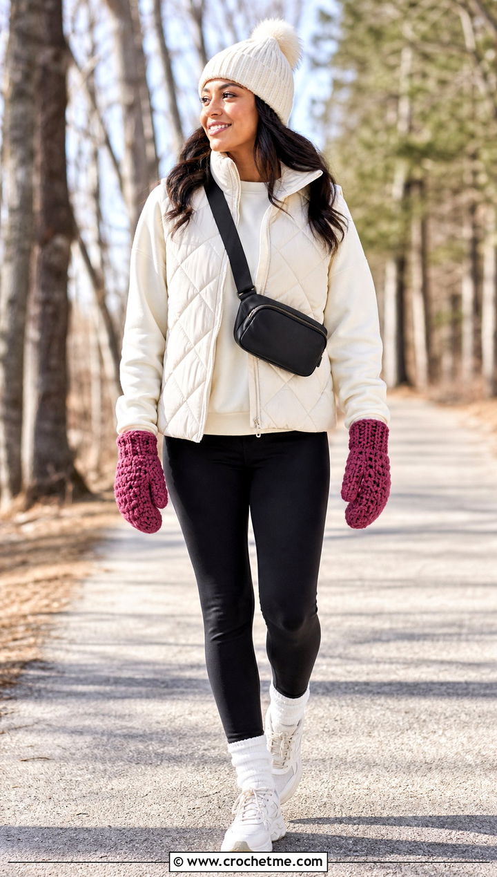 Waffle Stitch Crochet Mittens With Quilted Vest - 35 easy crochet mittens outfit ideas