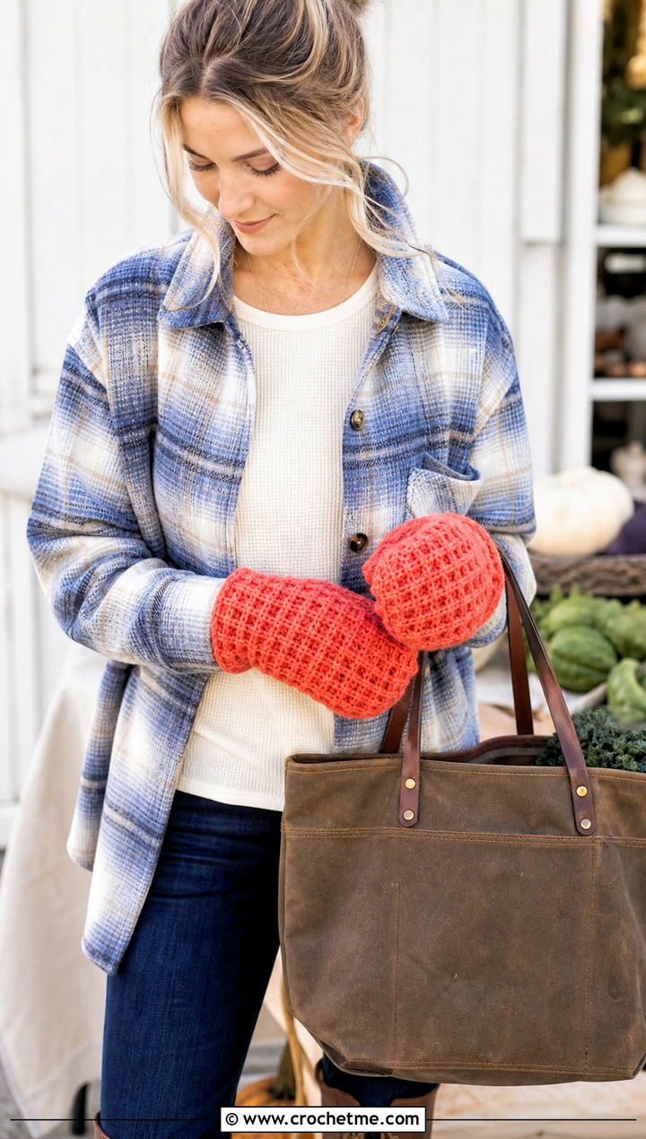 Waffle Stitch Crochet Mittens With Shacket - 30 crochet hand mittens outfit ideas