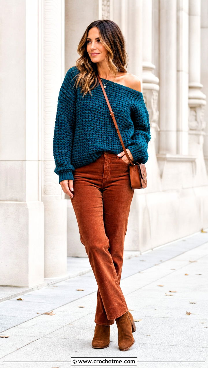 Waffle Stitch Crochet Off Shoulder Sweater With Corduroy Pants - 25 Crochet Over The Shoulder Sweater outfit ideas