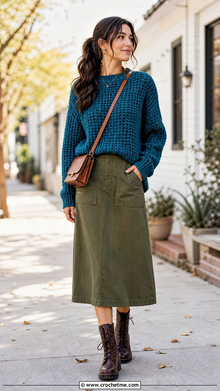 Waffle Stitch Crochet Oversized Sweater With Utility Skirt - 35 crochet oversized sweater outfit ideas