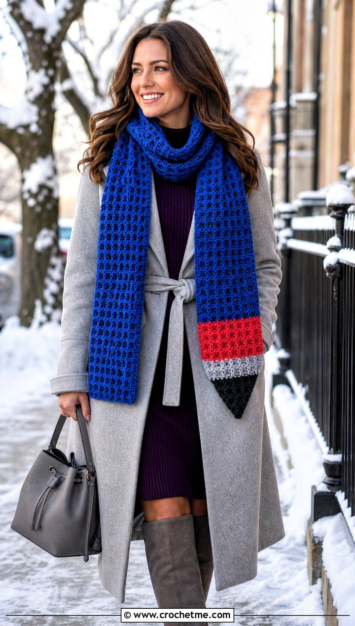 Waffle Stitch Crochet Pencil Scarf With Sweater Dress - 25 Crochet Pencil Scarf outfit ideas
