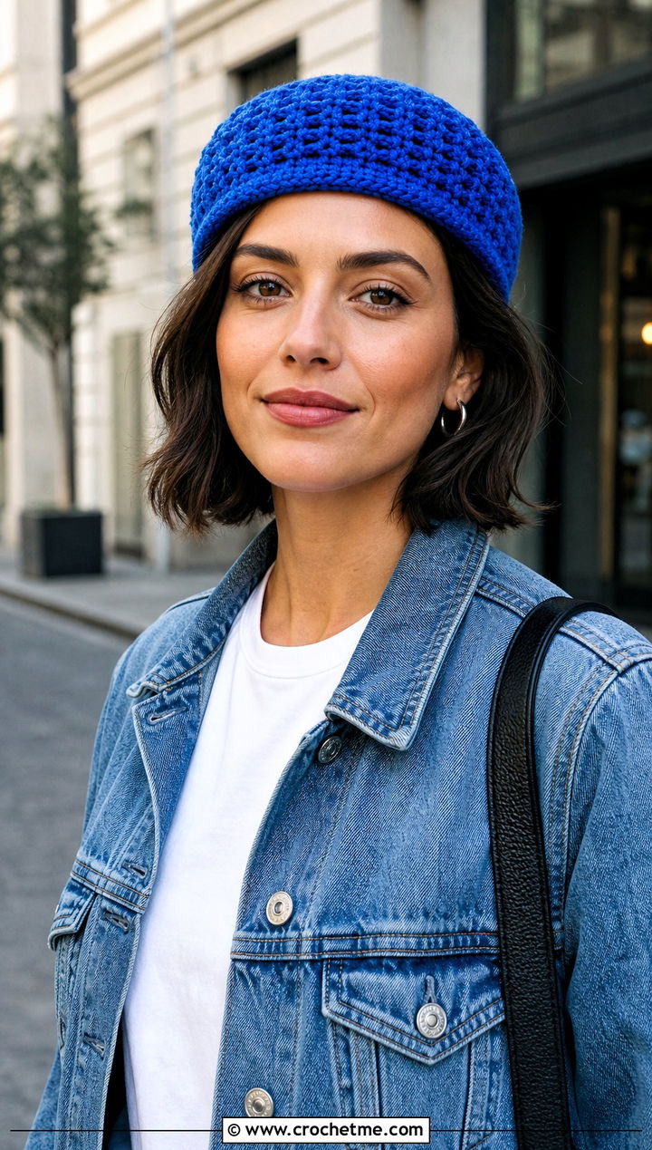 Waffle Stitch Crochet Pillbox Hat With White Tee And Jeans - 25 crochet pillbox hat outfit ideas
