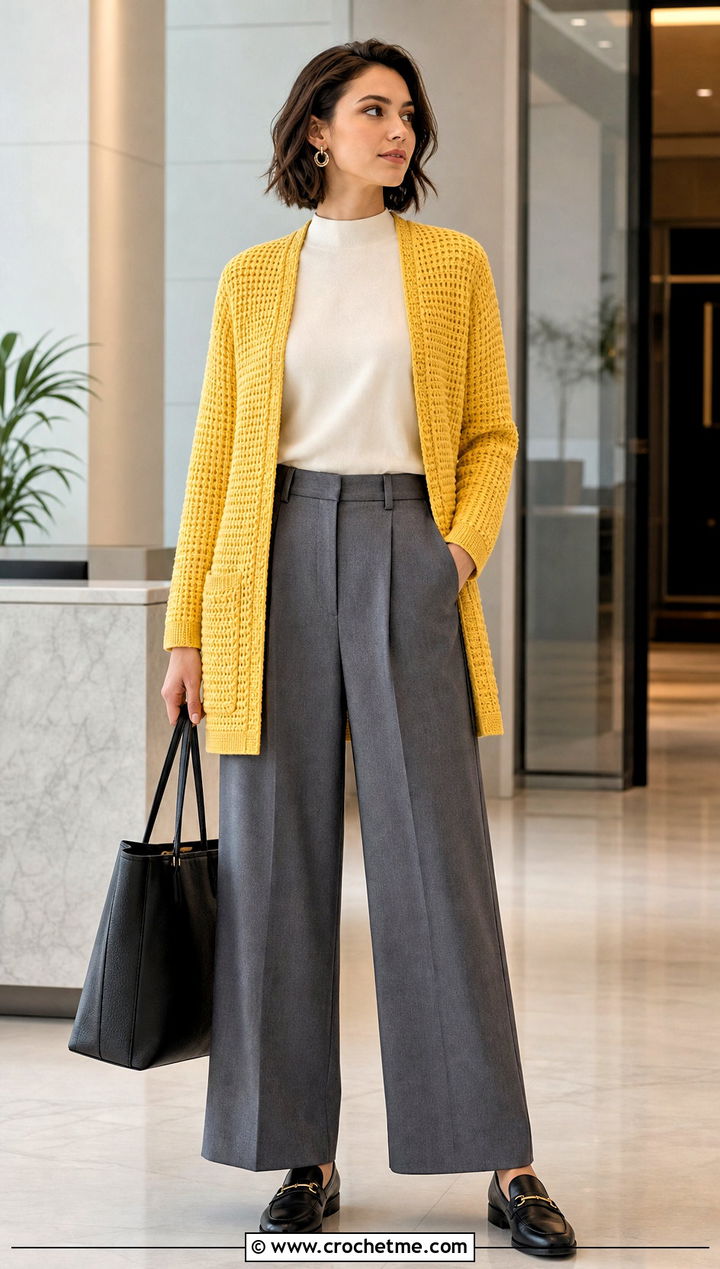 Waffle Stitch Crochet Pocket Cardigan With Wide Leg Trousers - 15 crochet long cardigan with pockets outfit ideas