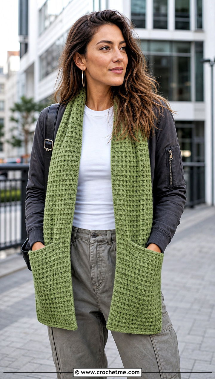 Waffle Stitch Crochet Pocket Scarf With Cargo Pants - 15 Crochet Scarf With Hand Pockets outfit ideas