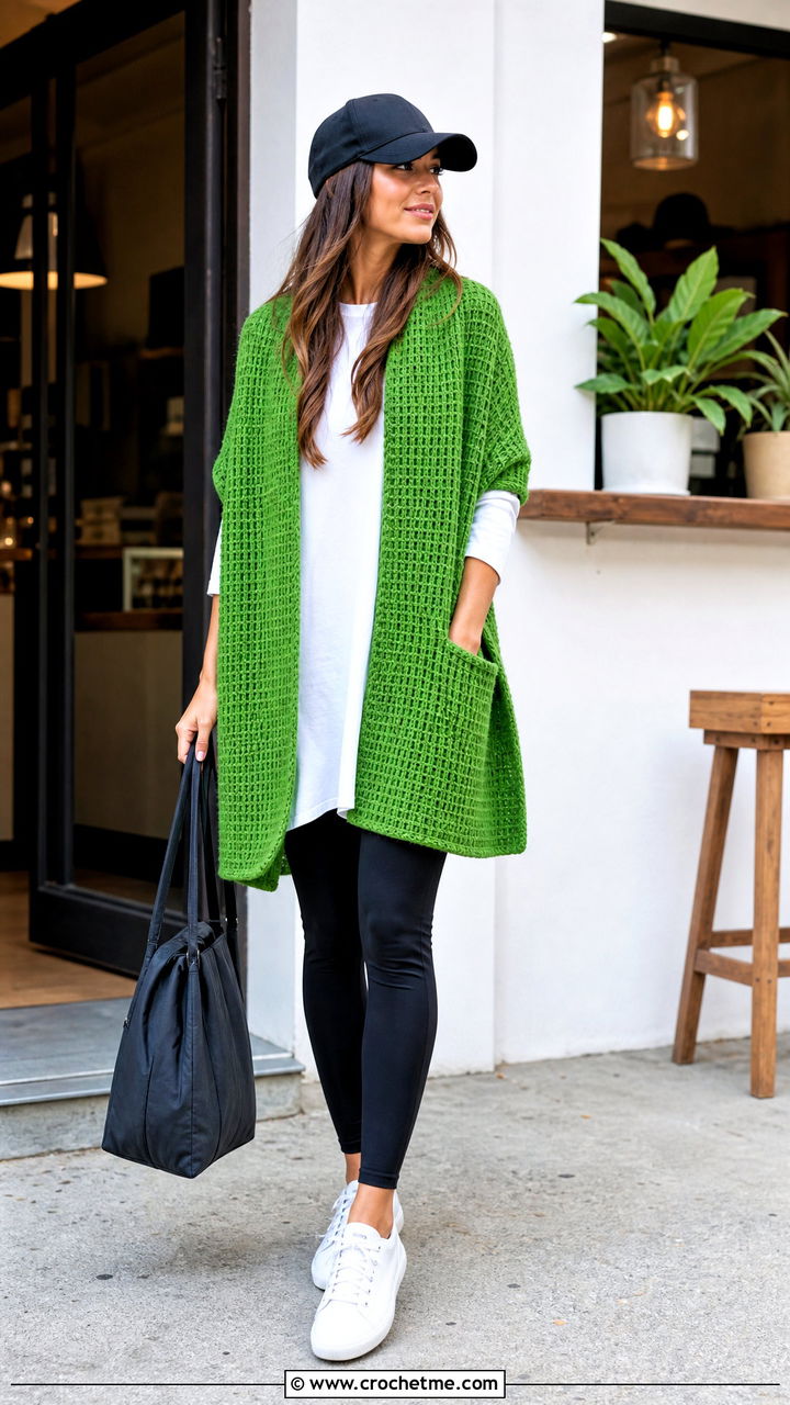 Waffle Stitch Crochet Pocket Shawl With Leggings - 35 crochet pocket shawl outfit ideas