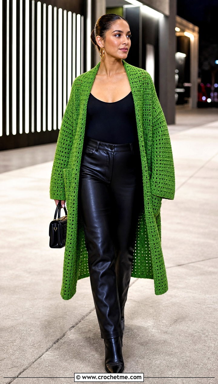 Waffle Stitch Crochet Pocket Wrap With Leather Pants - 25 Crochet Pocket Wrap outfit ideas