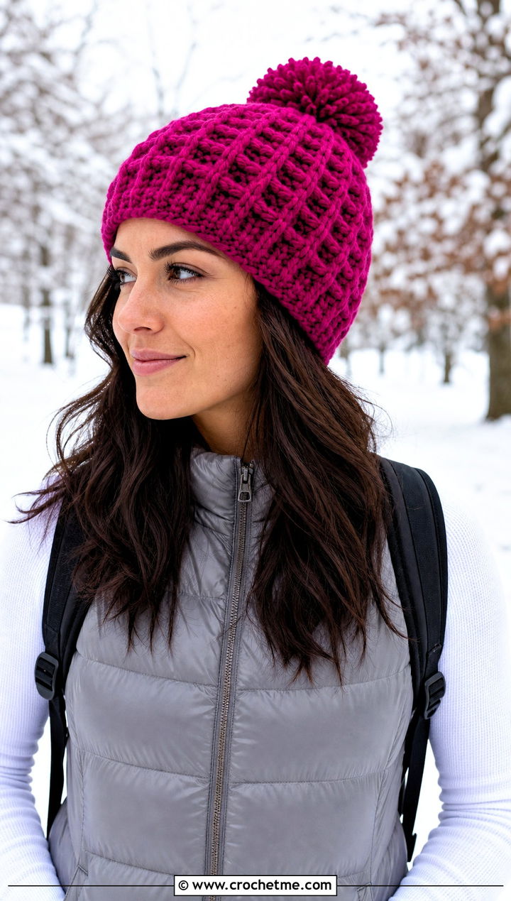 Waffle Stitch Crochet Pom Pom Beanie With Puffer Vest And Joggers - 15 Textured Crochet Hat outfit ideas