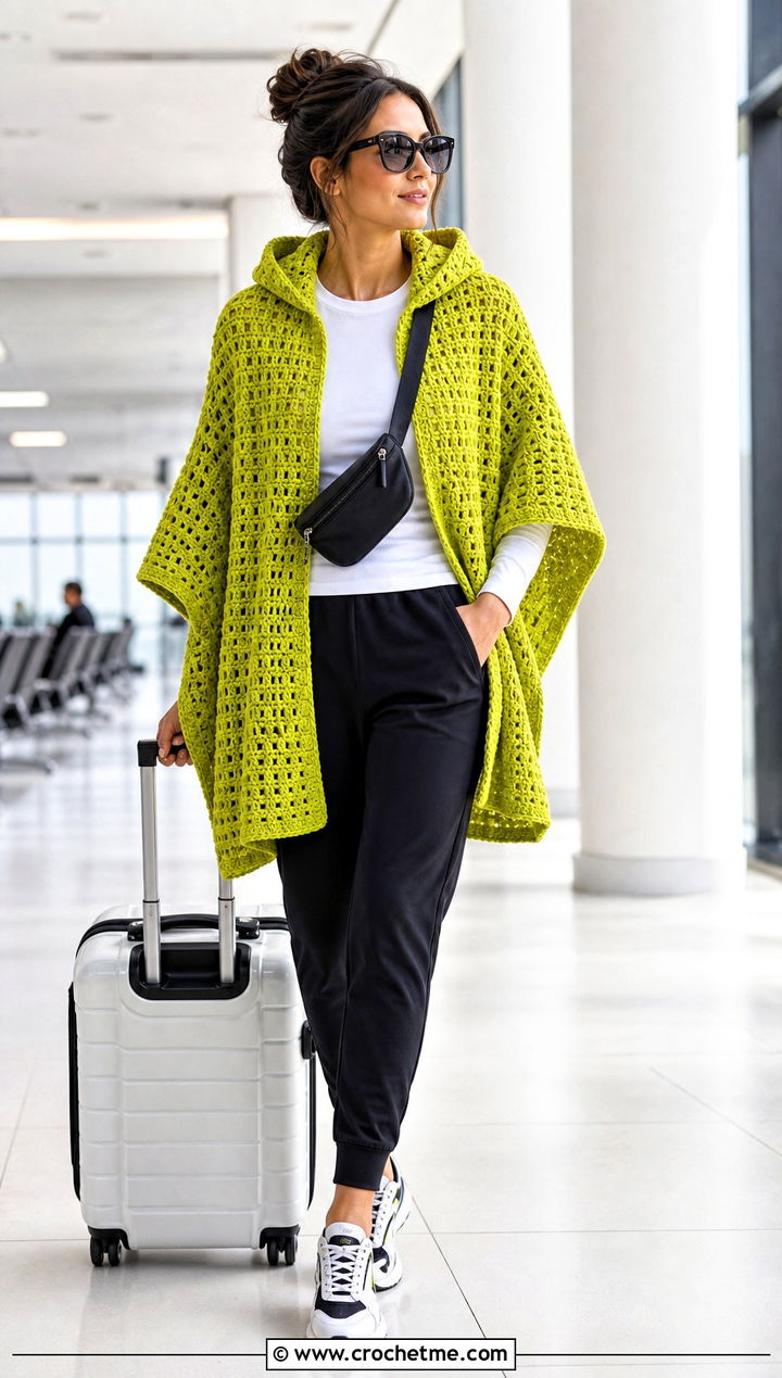 Waffle Stitch Crochet Poncho With Hood And Joggers - 35 crochet poncho with hood outfit ideas