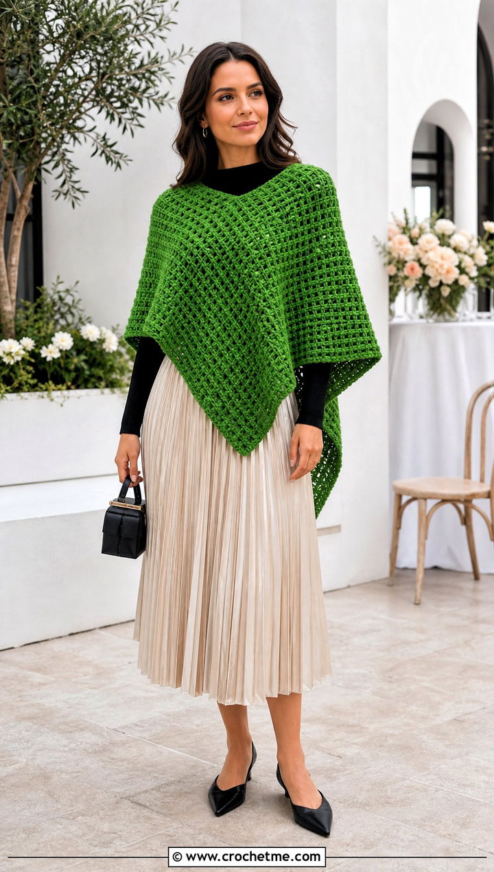 Waffle Stitch Crochet Poncho With Pleated Midi Skirt - 20 Easy Crochet Poncho For Beginners outfit ideas