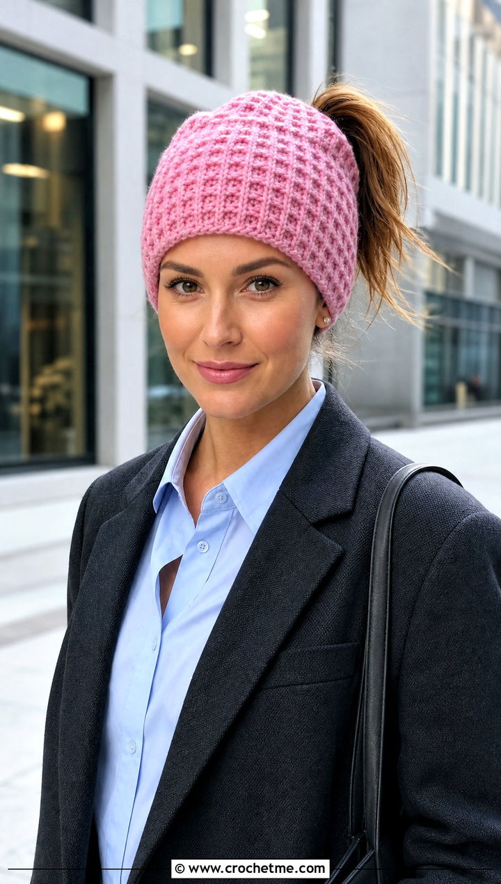 Waffle Stitch Crochet Ponytail Beanie With Blazer - 20 Crochet Ponytail Beanie outfit ideas