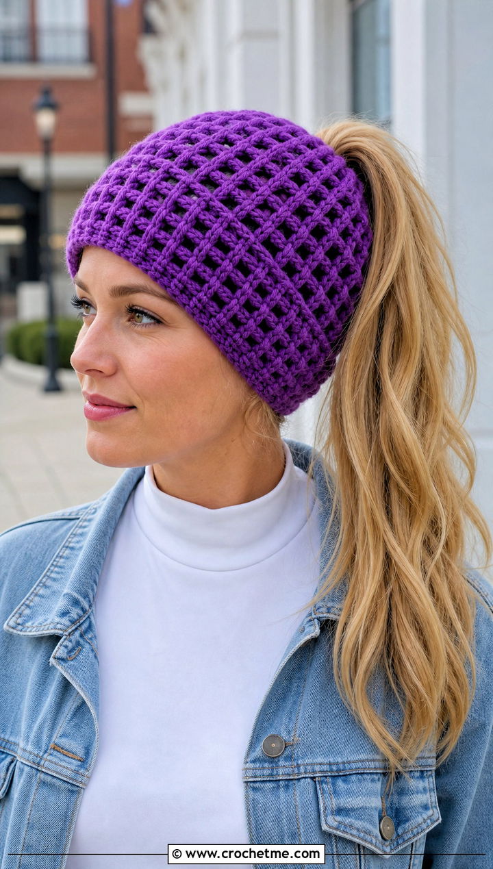 Waffle Stitch Crochet Ponytail Beanie With Denim Jacket - 30 crochet hat with ponytail hole outfit ideas