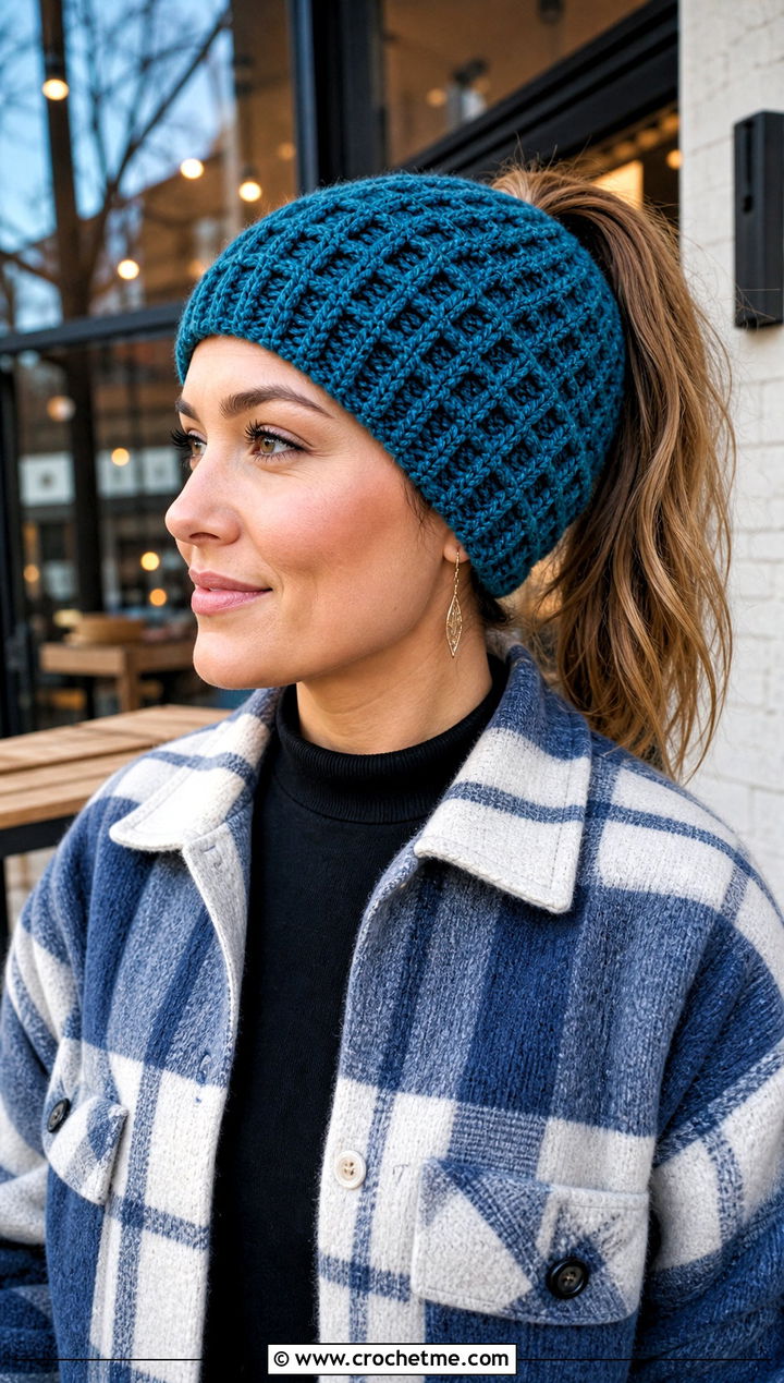 Waffle Stitch Crochet Ponytail Beanie With Shacket And Leggings - 20 Crochet Beanie With Ponytail Hole Hat outfit ideas