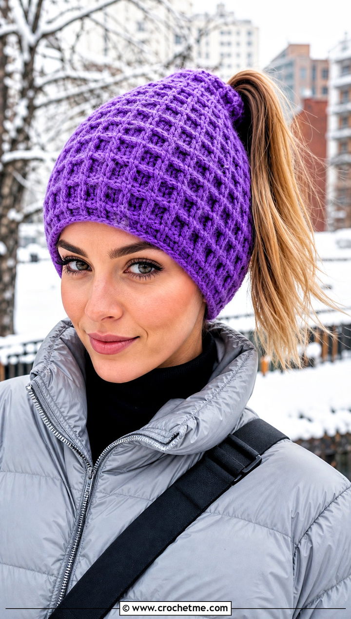 Waffle Stitch Crochet Ponytail Hat With Puffer Jacket - 20 easy crochet ponytail hat outfit ideas