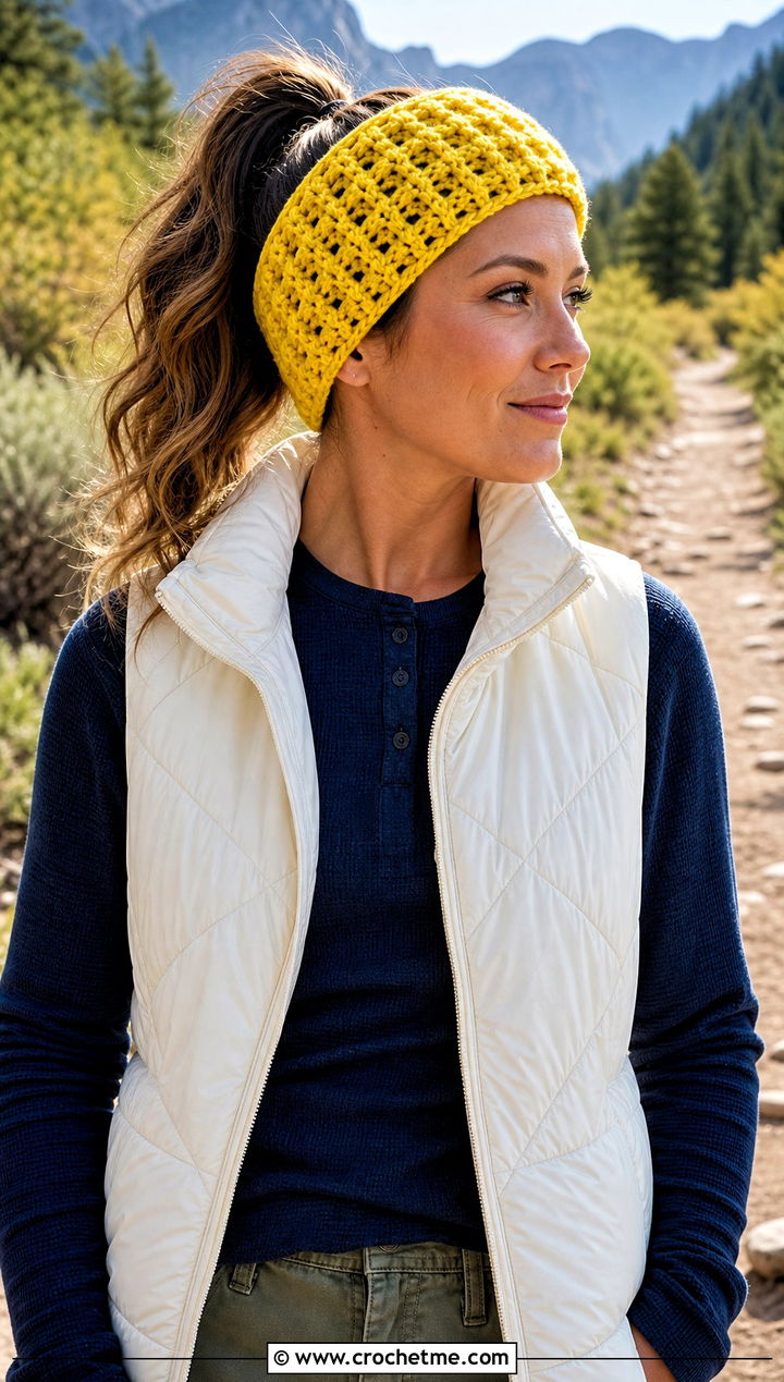 Waffle Stitch Crochet Ponytail Headband With Puffer Vest - 25 crochet headband with ponytail hole outfit ideas