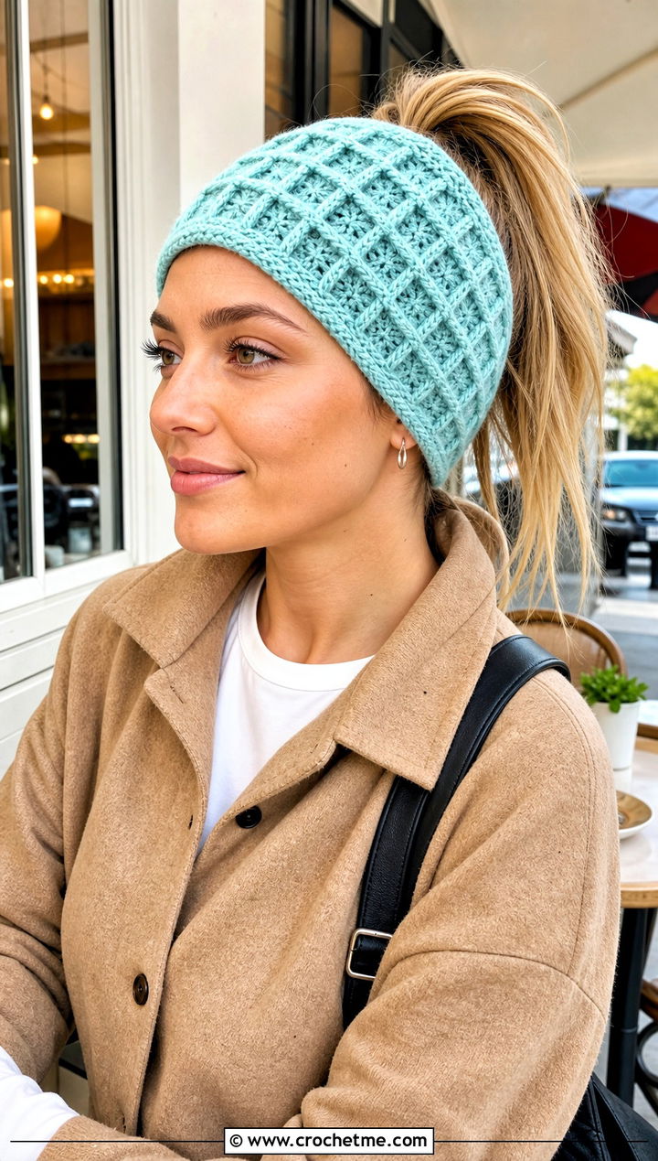 Waffle Stitch Crochet Ponytail Headband With Shacket - 20 Crochet Ponytail Headband outfit ideas
