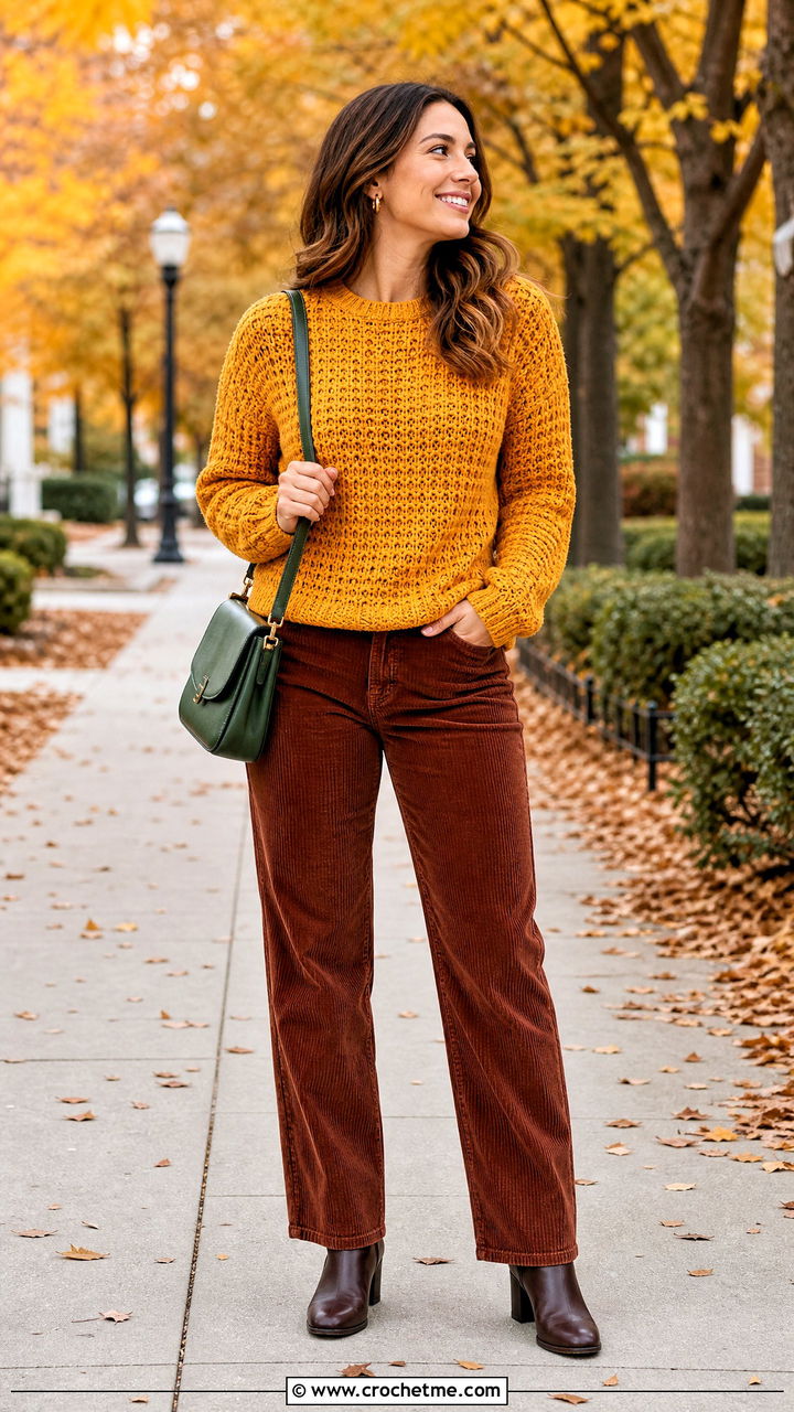 Waffle Stitch Crochet Pullover With Corduroy Pants - 35 crochet pullover outfit ideas