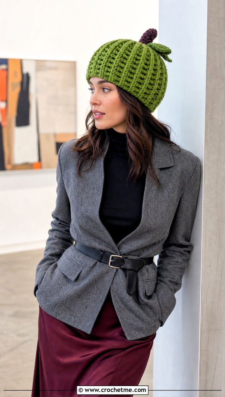 Waffle Stitch Crochet Pumpkin Beanie With Midi Skirt - 30 crochet pumpkin beanie outfit ideas