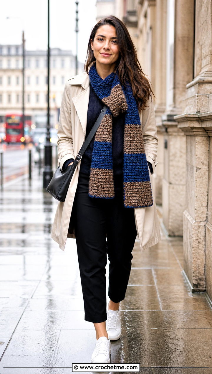 Waffle Stitch Crochet Ravenclaw Scarf With Trench Coat - 35 crochet ravenclaw scarf outfit ideas