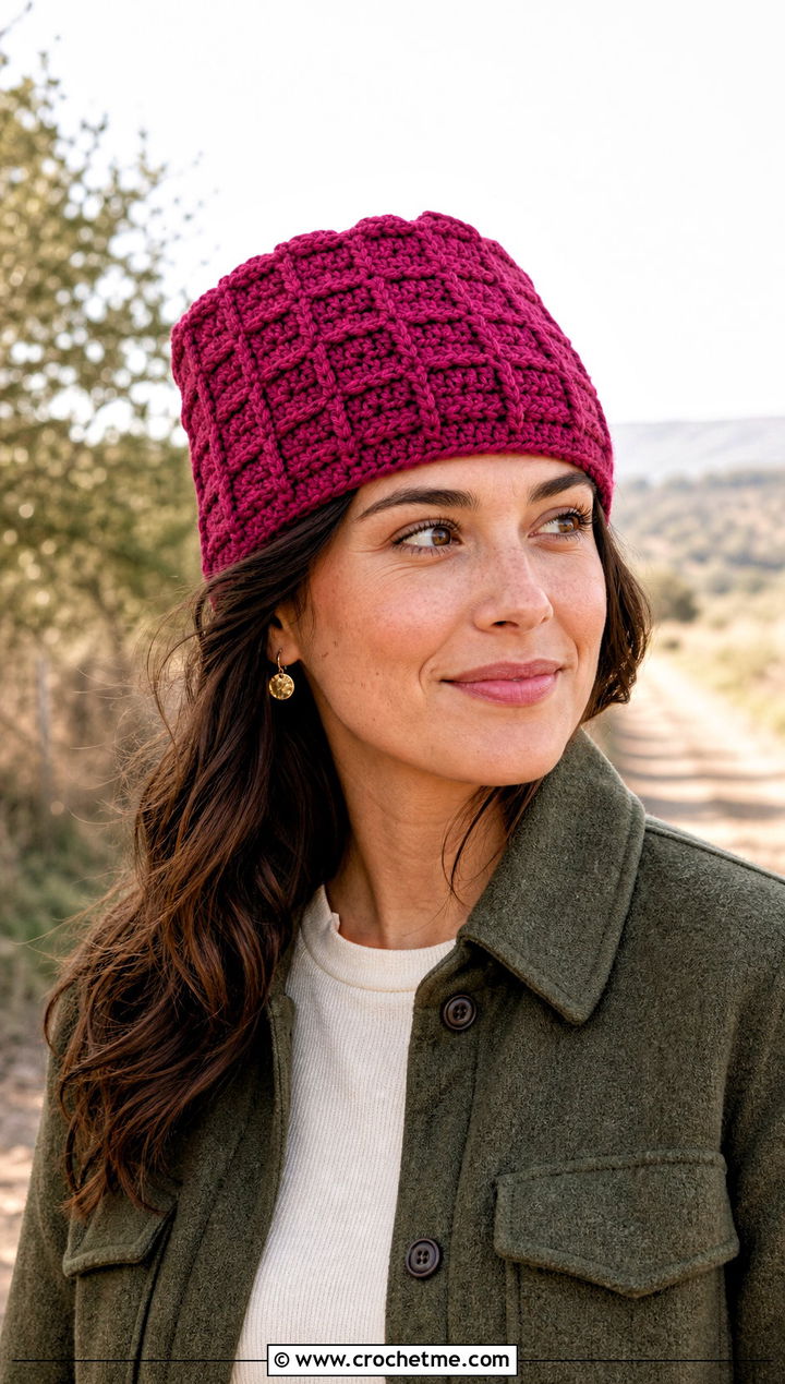 Waffle Stitch Crochet Rectangle Hat With Shacket - 25 Crochet Rectangle Hat outfit ideas