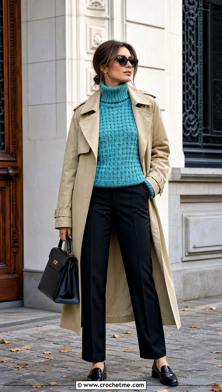 Waffle Stitch Crochet Roll Neck Sweater With a Trench Coat - 20 Crochet Roll Neck Sweater outfit ideas
