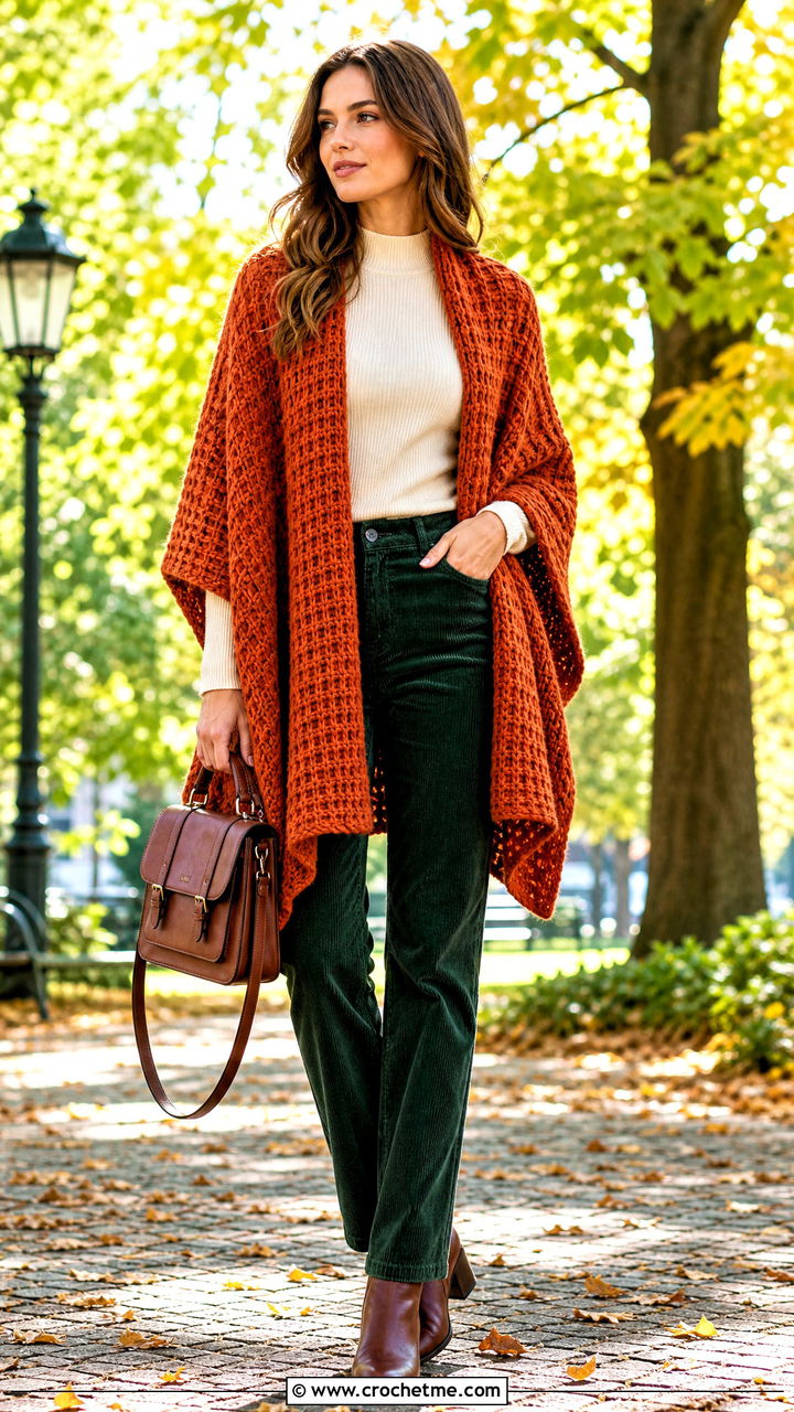 Waffle Stitch Crochet Ruana With Corduroy Pants - 35 crochet ruana outfit ideas
