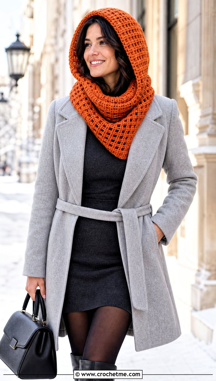 Waffle Stitch Crochet Scarf Hood With Sweater Dress - 30 crochet scarf hood outfit ideas