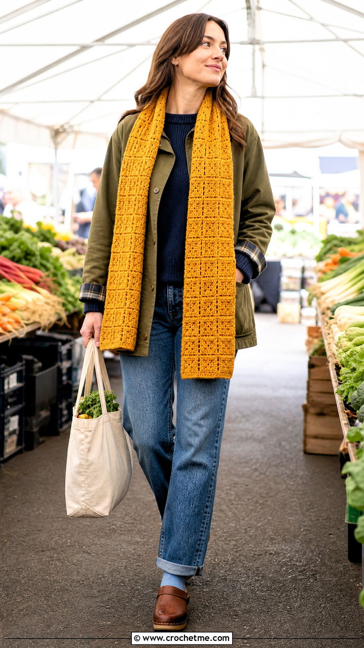 Waffle Stitch Crochet Scarf With Barn Jacket - 35 easy crochet scarves outfit ideas