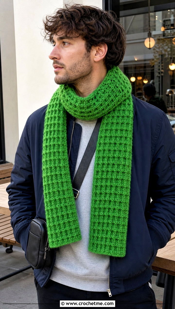 Waffle Stitch Crochet Scarf With Bomber Jacket - 20 men's crocheted scarf outfit ideas
