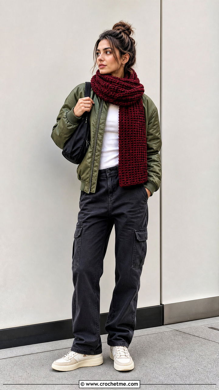 Waffle Stitch Crochet Scarf With Bomber Jacket - 35 beginner crochet scarf outfit ideas