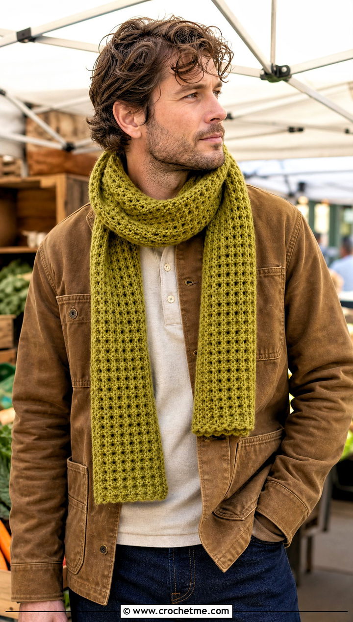 Waffle Stitch Crochet Scarf With Chore Coat - 30 easy crochet scarf men outfit ideas