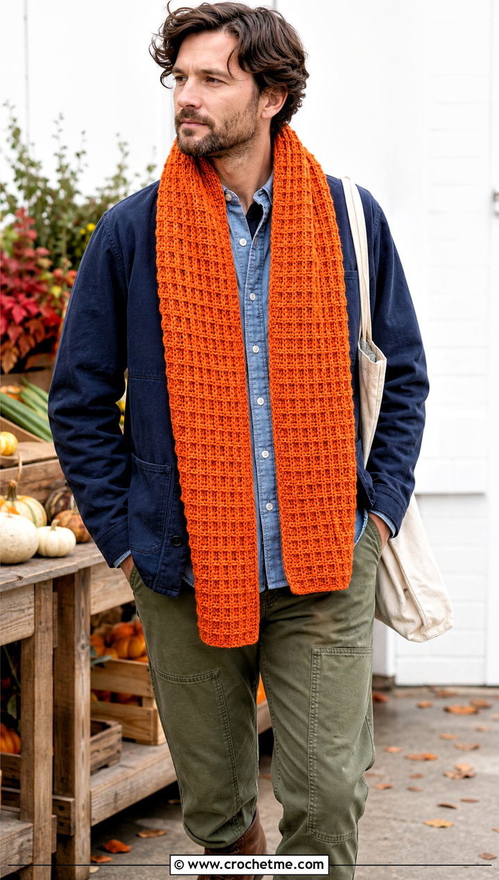 Waffle Stitch Crochet Scarf With Chore Jacket - 30 male crochet scarf outfit ideas