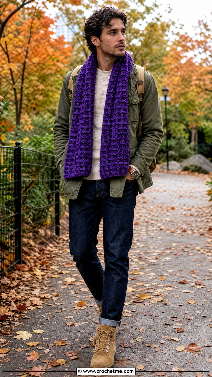 Waffle Stitch Crochet Scarf With Field Jacket - 35 men's crochet scarf outfit ideas