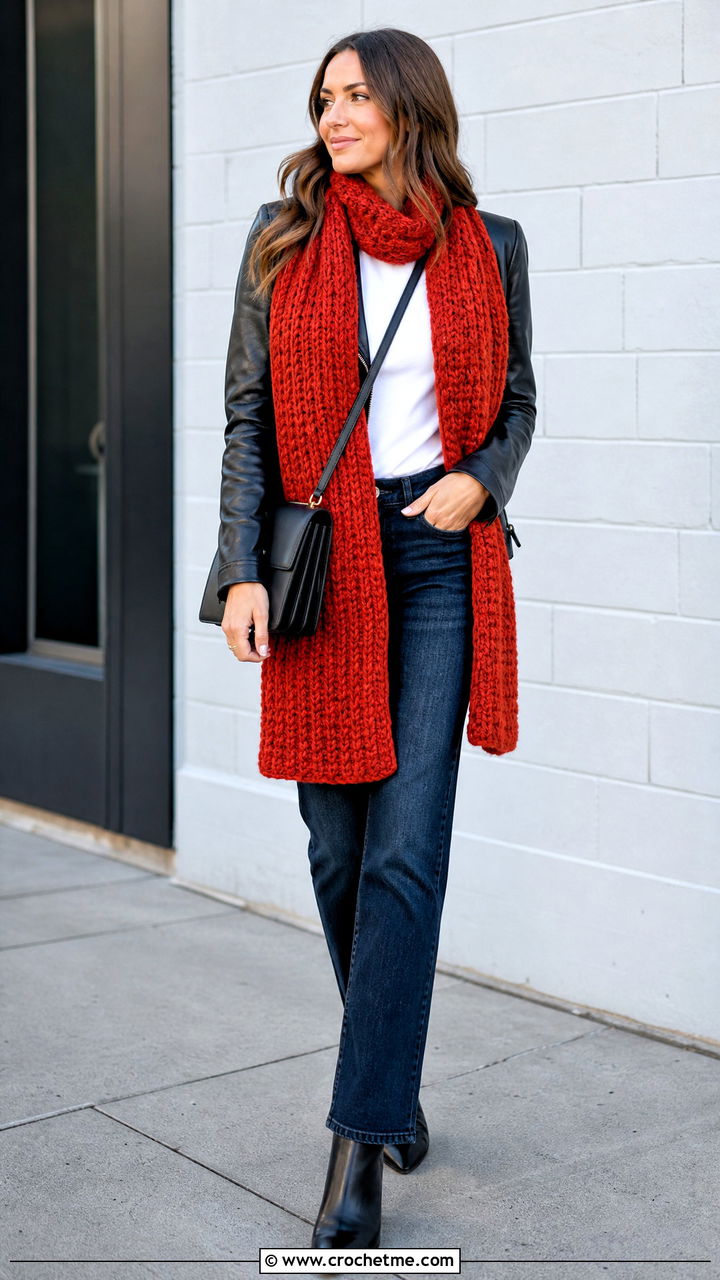 Waffle Stitch Crochet Scarf With Leather Jacket and Straight Jeans - 35 easy one skein crochet scarf outfit ideas