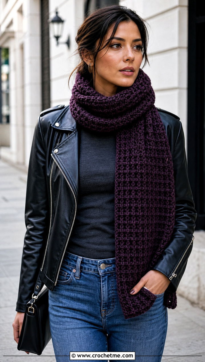 Waffle Stitch Crochet Scarf With Leather Jacket - 15 beginner crochet scarf design outfit ideas