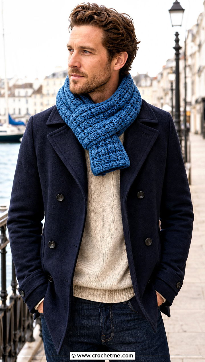 Waffle Stitch Crochet Scarf With Peacoat - 30 crochet scarf ideas for men
